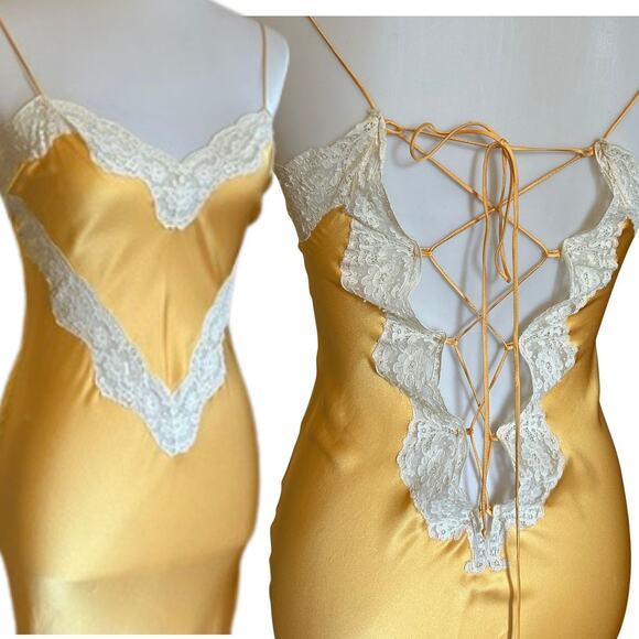 Vintage 80s Old Hollywood Jenny Dobell Marigold Silk Gown & Robe Set, Lace Sz 8 - Picture 6 of 12